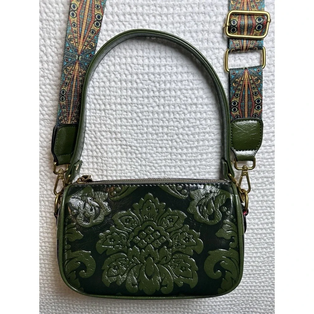 Green Embossed Floral Crossbody Shoulder Bag Removable Strap Boho Western Purse